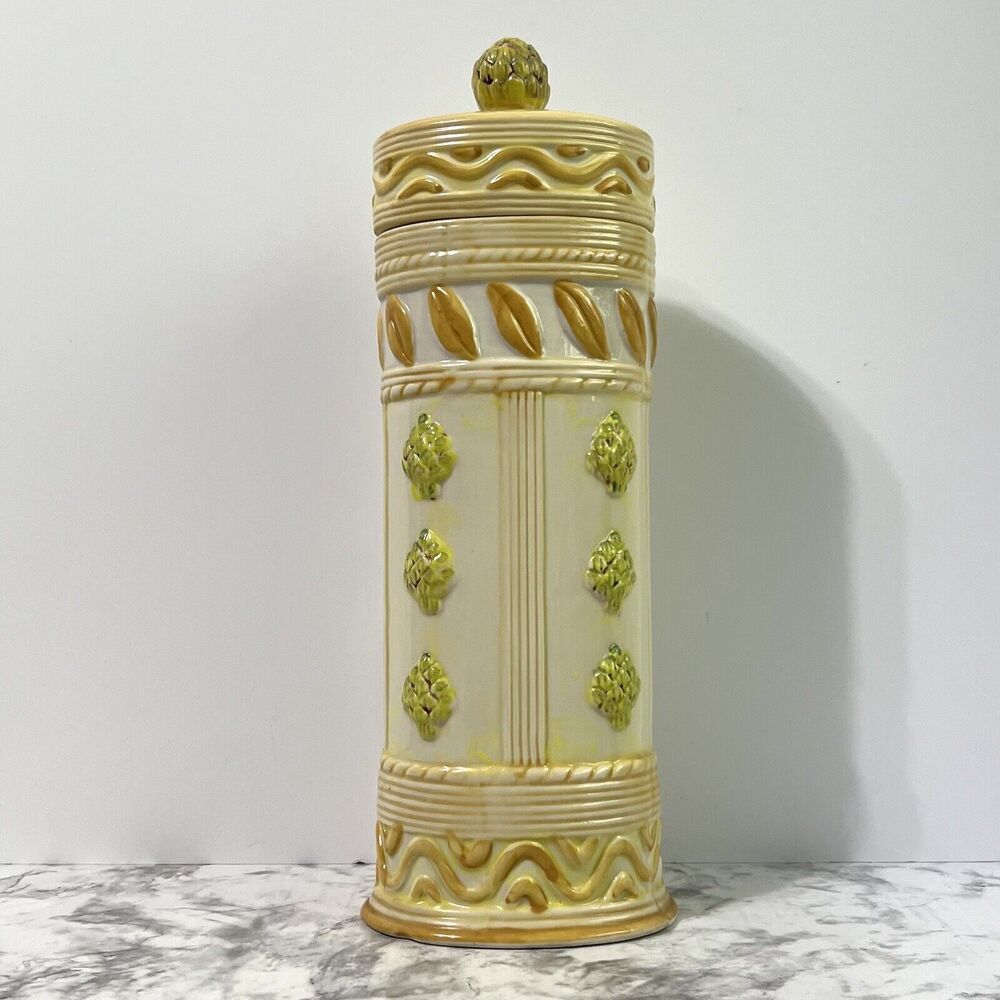 VTG 90s Italian Mediterranean Artichokes Ceramic Tall Pasta Canister Keeper